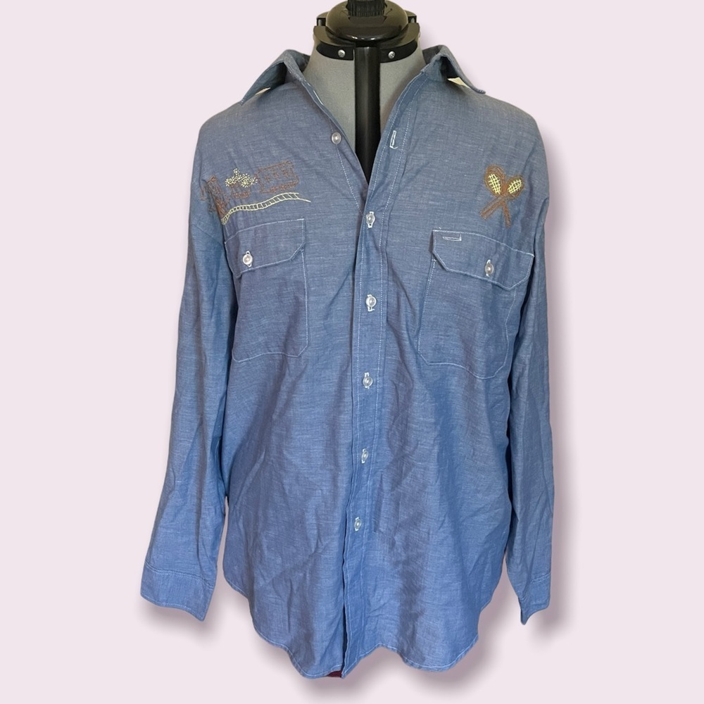Vintage 70s Fieldmaster Chambray Blue Embroidered Button Down Top Mens Size XL